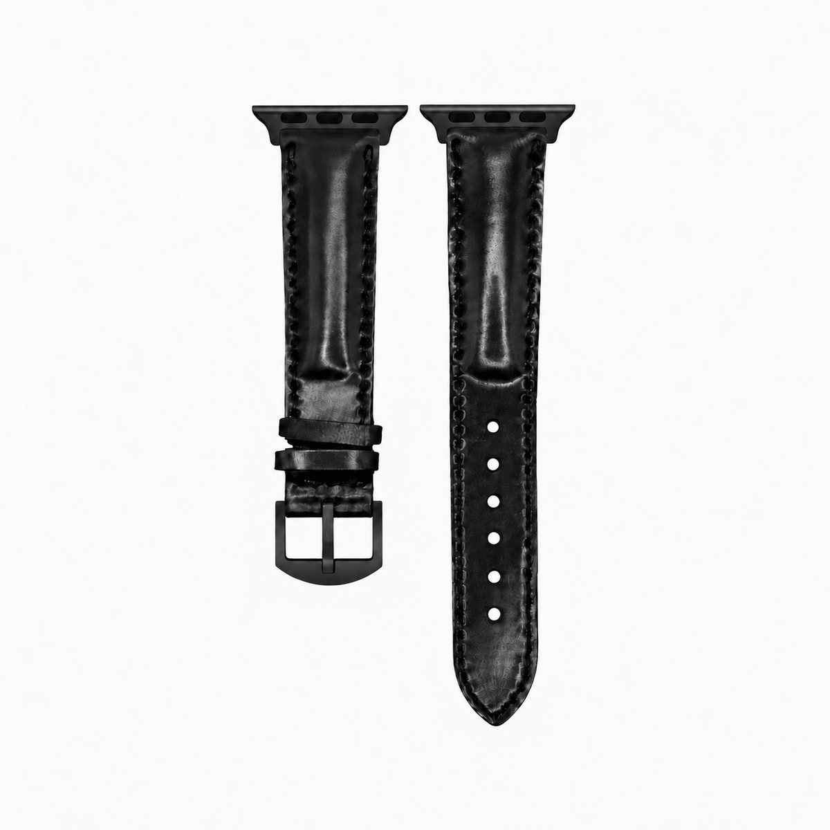 Apple Watch Armband Luxus aus Horween Shell Cordovan in Schwarz, M/L, mit schwarzer Hardware und edlem Lederdesign.