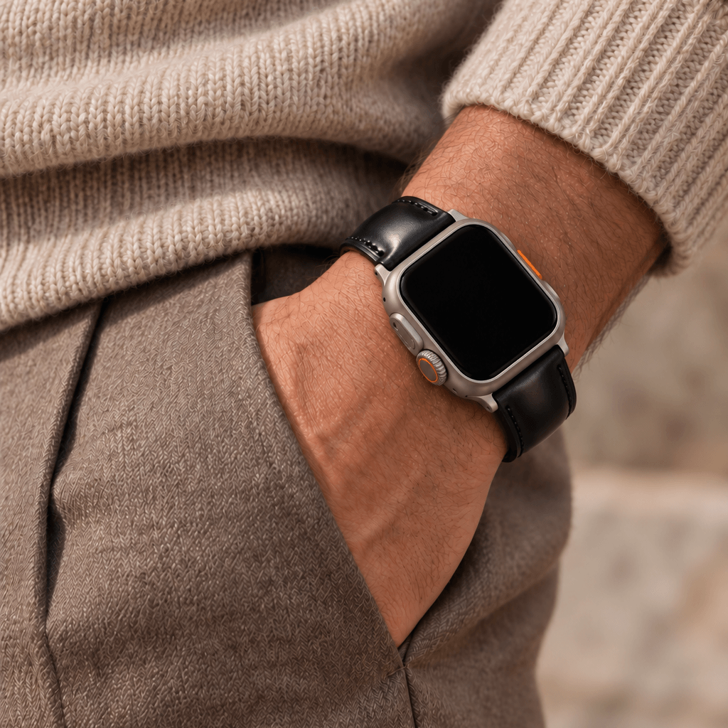Apple Watch strap luxury made of Horween Shell Cordovan in black