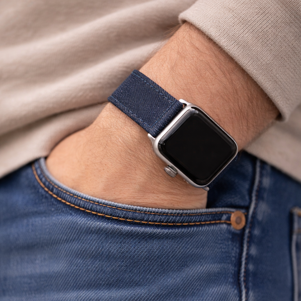 Dunkelblaues Apple Watch Armband Denim – Handgefertigt in Deutschland, getragen an Handgelenk