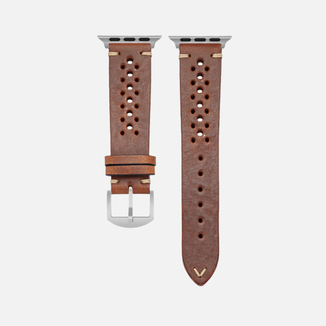 Rallye Lederband für Apple Watch – Hellbraun aus Toskana-Leder, sportliches Design, umweltfreundlich und handgefertigt in Bayern.