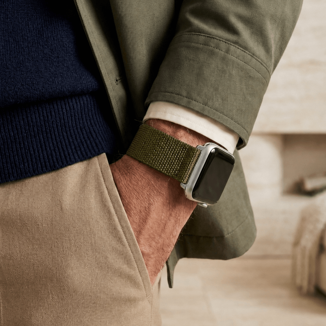Cotton – Olivegrünes Nylon Apple Watchband im Textil-Look