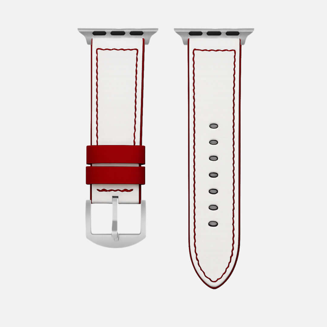 Das Sandlot – Weißes Baseball-Leder Apple Watch Band aus deutschem Kalbleder mit rotem Akzent, inspiriert von Baseball.