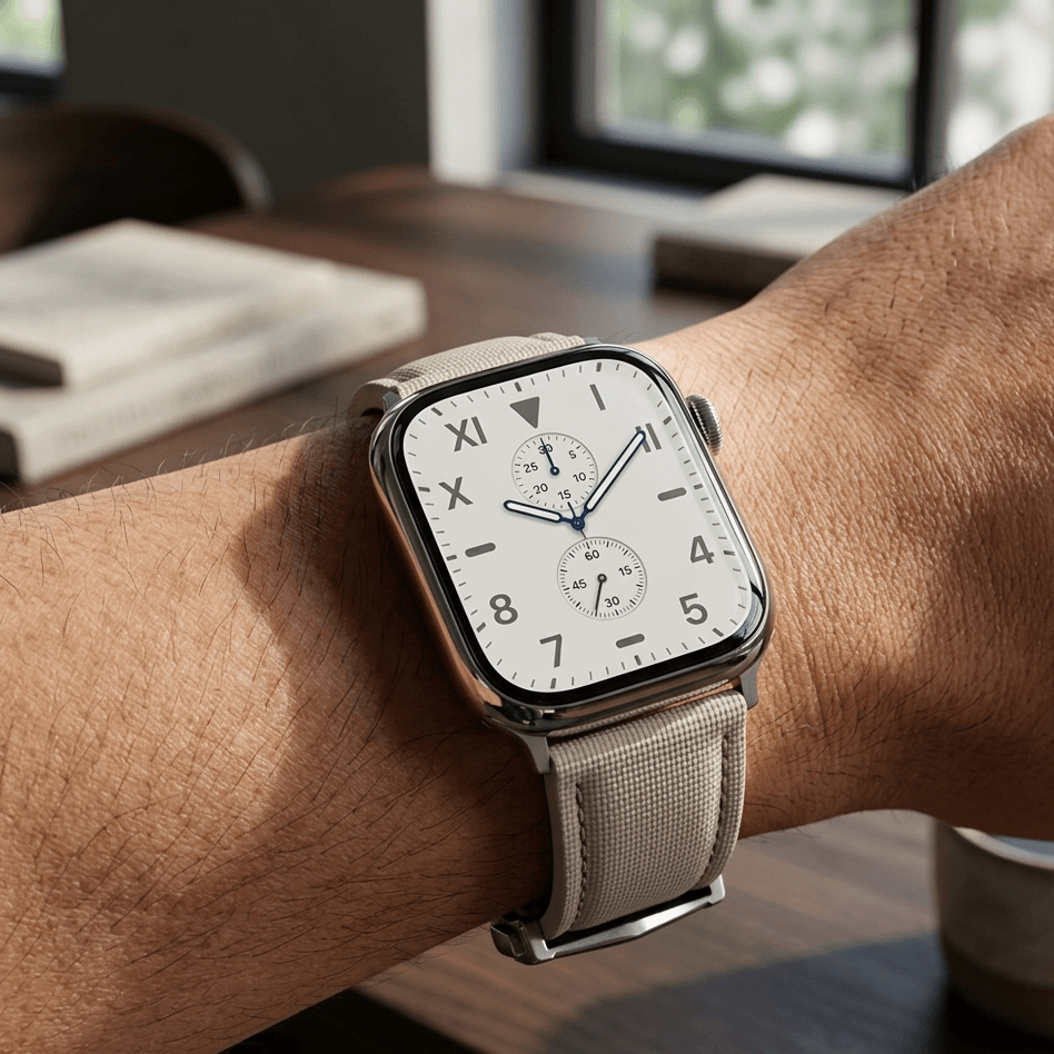 Monaco Beige –  Faltschließen Apple Watch aus FKM Kautschuk, getragen an einem Arm, modern und minimalistisch.