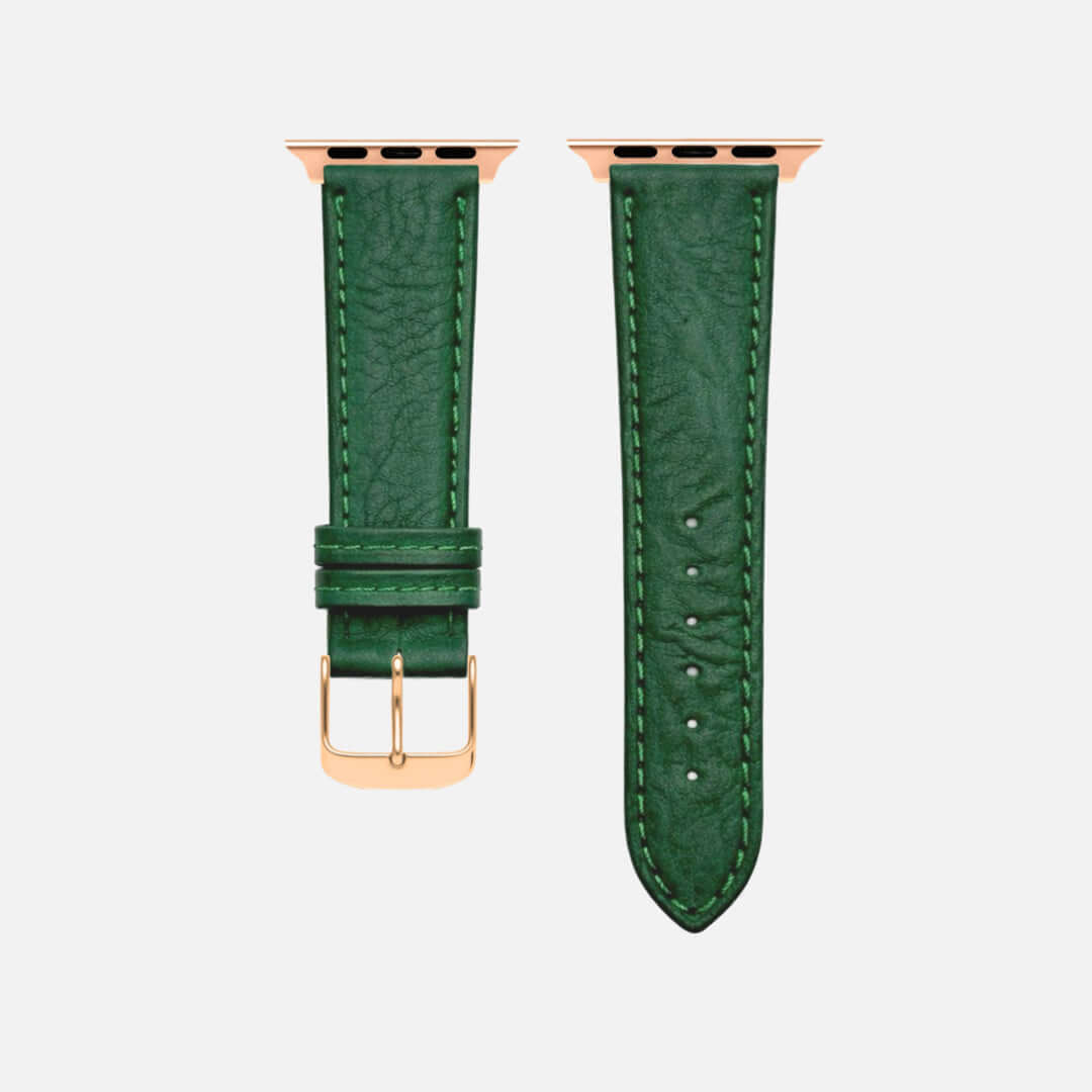 Apple Watch Stierlederarmband Torro Dunkelgrün, handgearbeitetes Lederarmband aus spanischem Stiernackenleder mit natürlicher Struktur.
