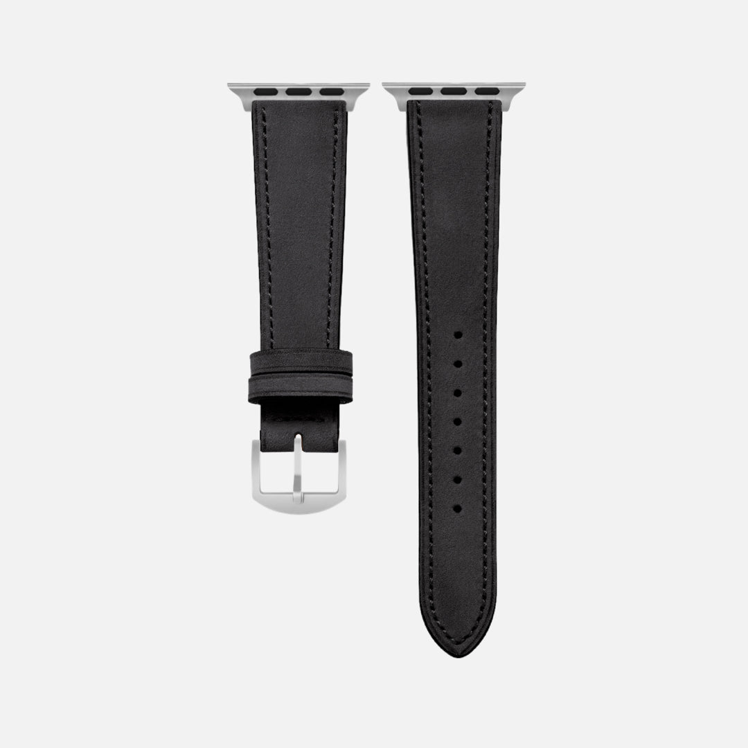 Mountain Apple Watch Lederarmband – Schwarz aus italienischem Nubukleder, wasserabweisend, elegant, funktional, atmungsaktiv, robust.