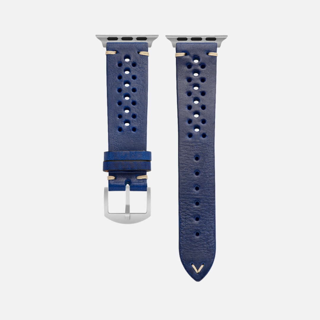 Rallye Lederband für Apple Watch – Blau, handgefertigt aus italienischem Rindleder, sportliches Design, nachhaltig und chemiefrei.