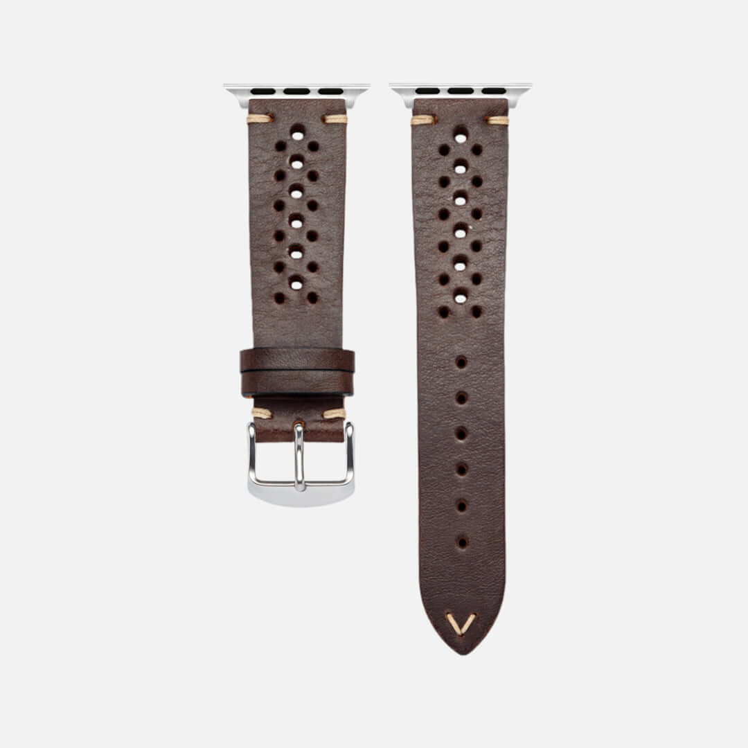 Rallye Lederband für Apple Watch Dunkelbraun, handgefertigt in Bayern aus vegetabil gegerbtem Rindleder, sportliches und edles Design.