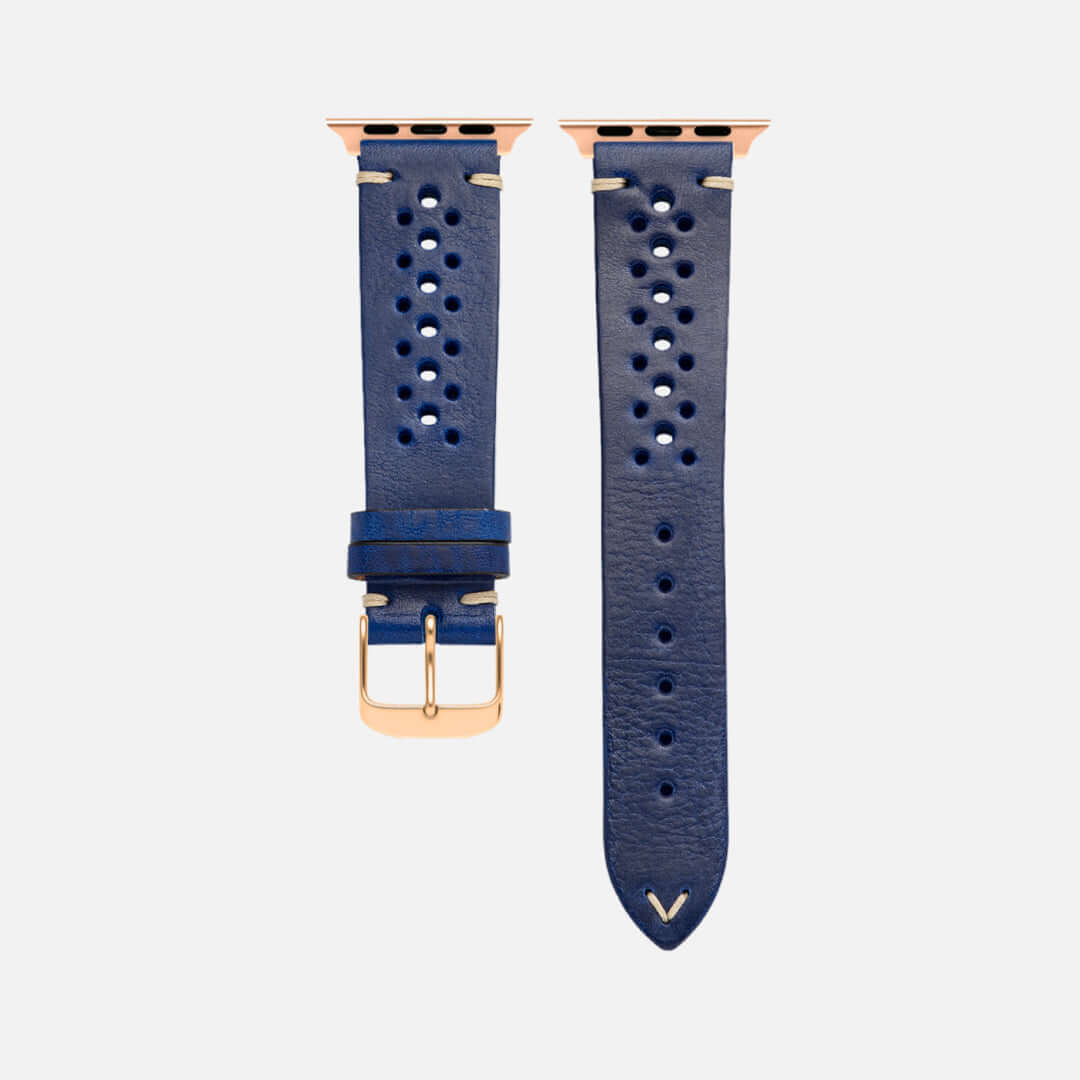 Rallye Lederband für Apple Watch – Blau, handgefertigt aus vegetabil gegerbtem italienischem Leder, sportlich und nachhaltig.
