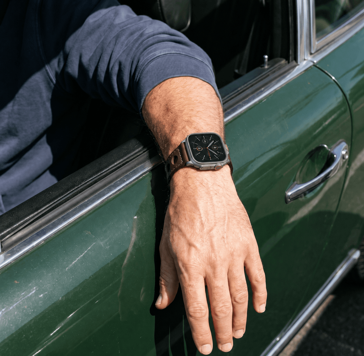 Dark brown Panerai-style Rally Apple Watch leather strap