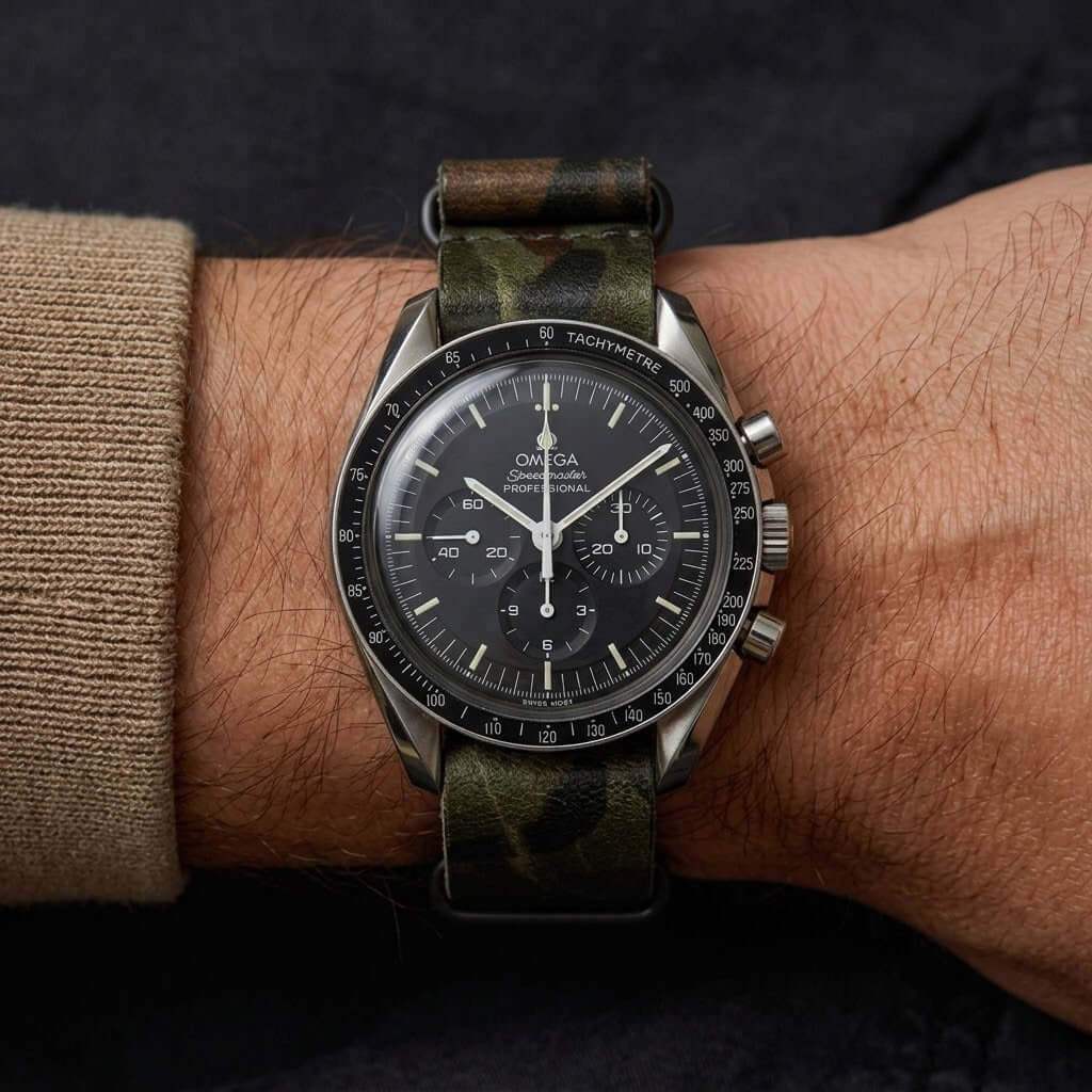 Military – Field Uhrenarmband im Camouflage Look an einer Omega Uhr auf einem Handgelenk.
