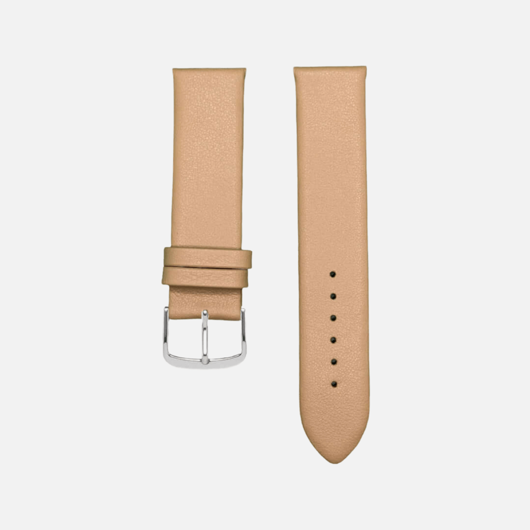 Beige Lederarmband Damenuhr Modell Holiday von FLUCO mit feinstem Kalbleder und silberner Schnalle.