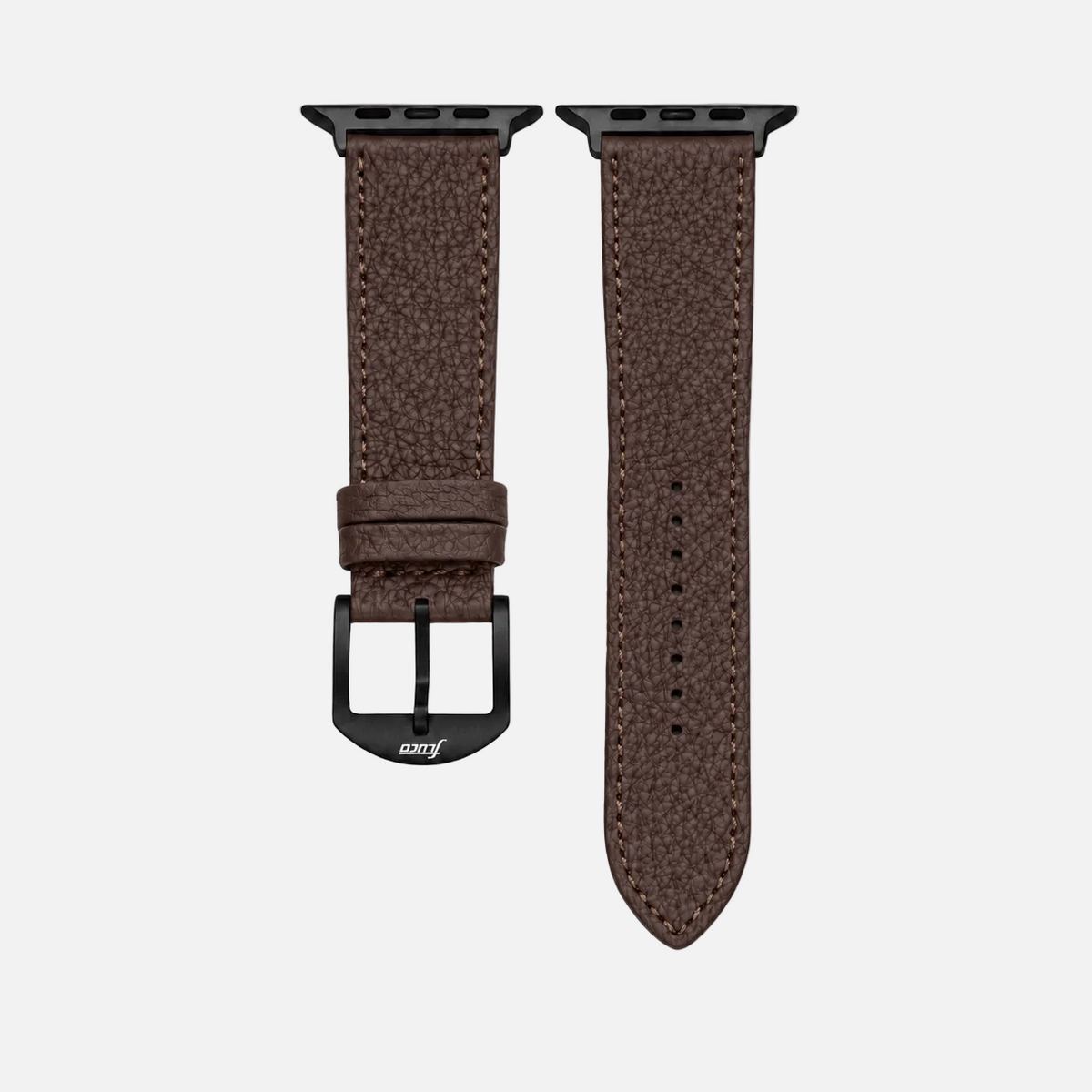 Dunkelbraunes Lederarmband für Apple Watch aus Togoleder mit schwarzer Hardware, luxuriöses Design.