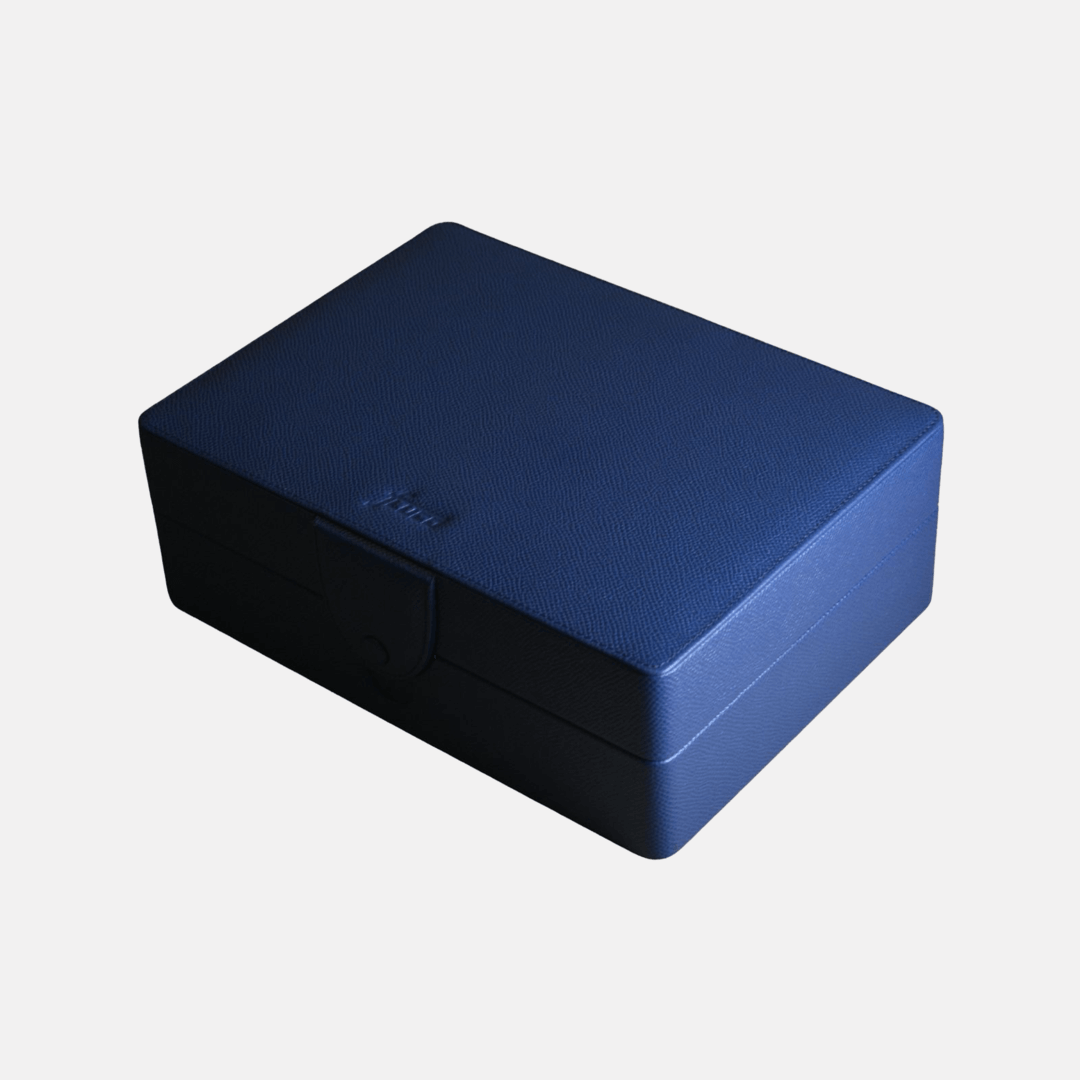 Navy blue leather watch case for 8 watches, embossed calf leather, elegant and durable design, ideal for luxury watch storage.