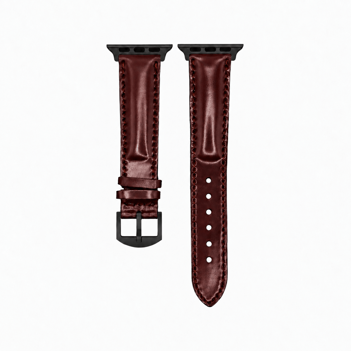 Apple Watch Armband Luxus aus Horween Shell Cordovan in Oxblood mit schwarzer Hardware, M/L Größe, elegante Lederoptik.