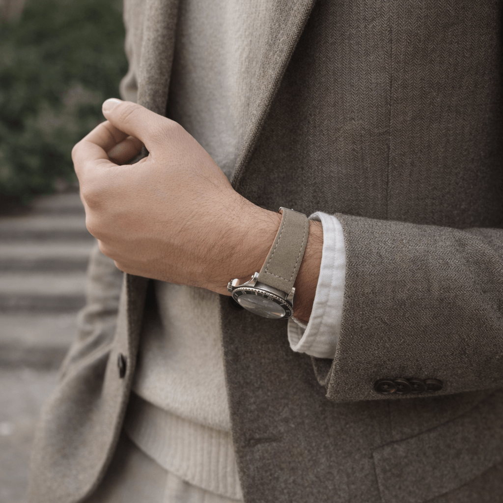 Mann mit Alpen – Lederhosenband aus altsämisch gegerbtem Hirschleder am Handgelenk im eleganten Anzug
