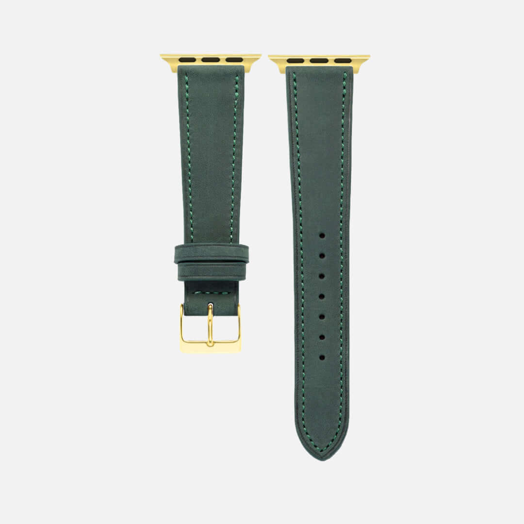 Mountain Apple Watch Lederarmband – Dunkelgrün aus italienischem Nubukleder mit Goldakzenten, wasserabweisend, langlebig und stilvoll.