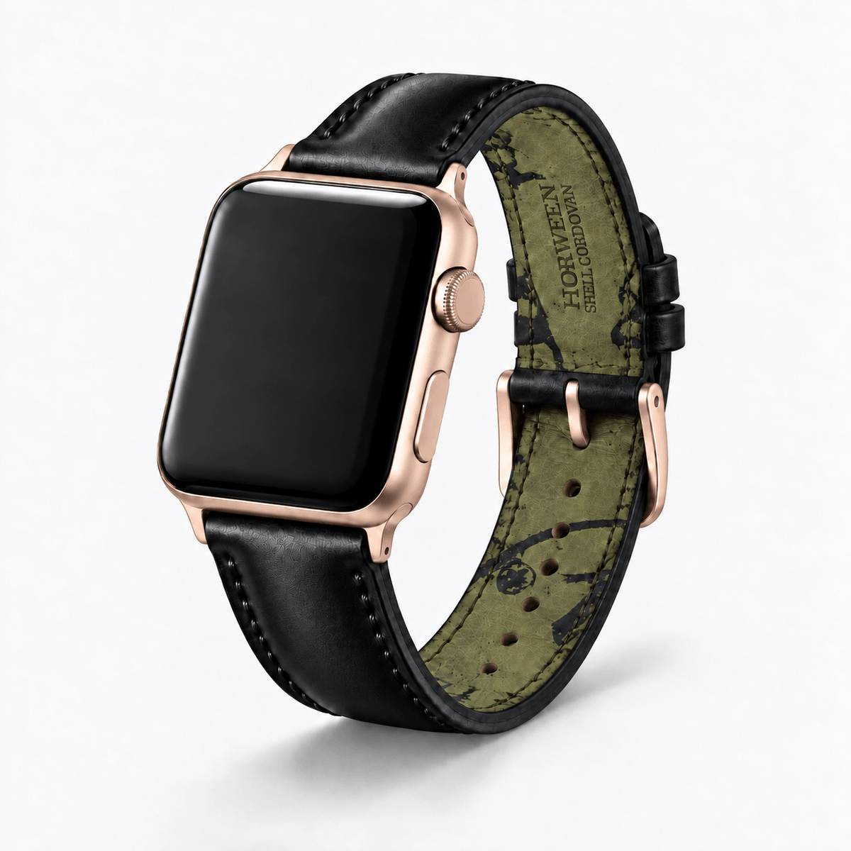 Apple Watch Armband Luxus aus Horween Shell Cordovan in Schwarz mit rosegoldener Uhr.