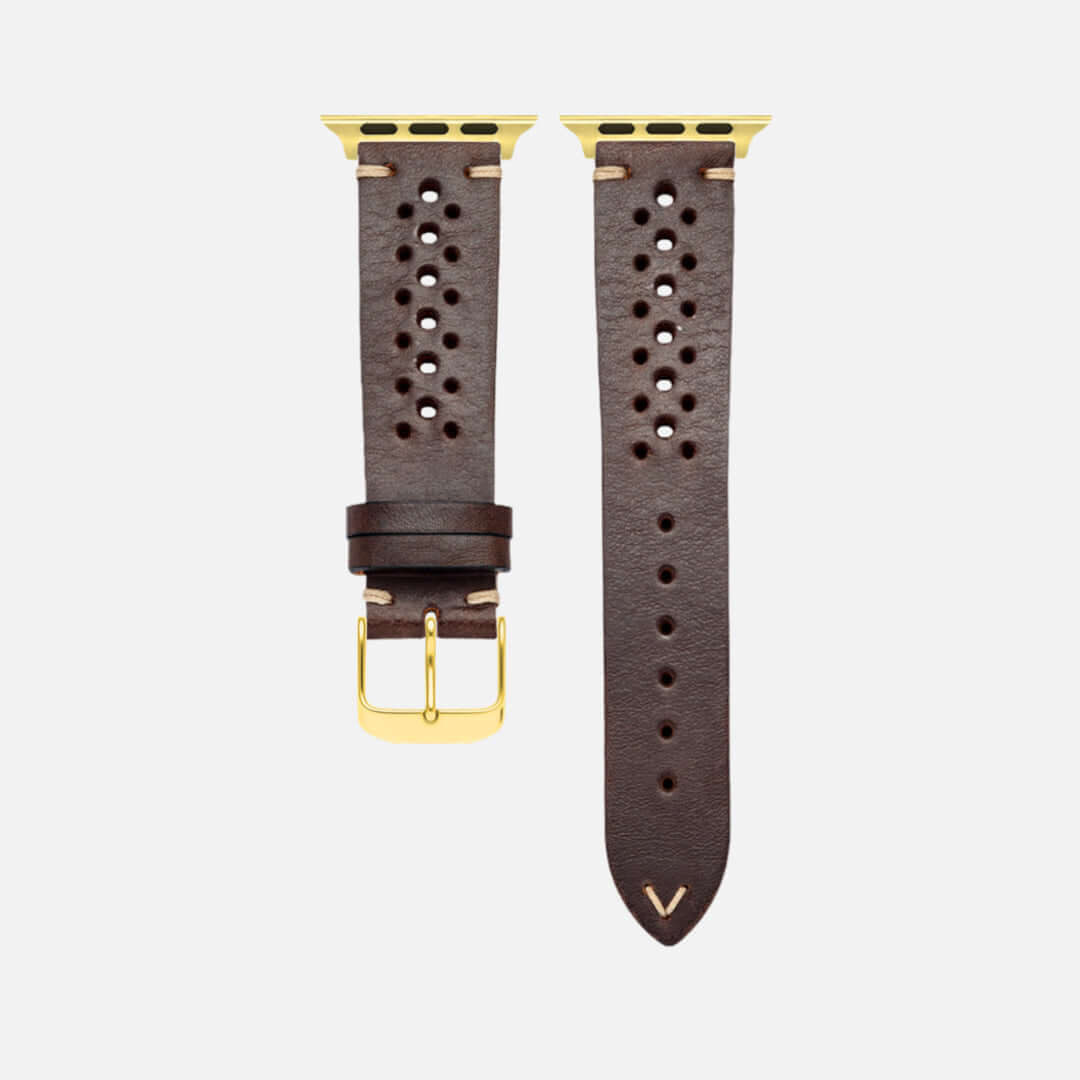Rallye Lederband für Apple Watch Dunkelbraun aus toskanischem Rindleder mit sportlichem Design und goldener Schnalle.