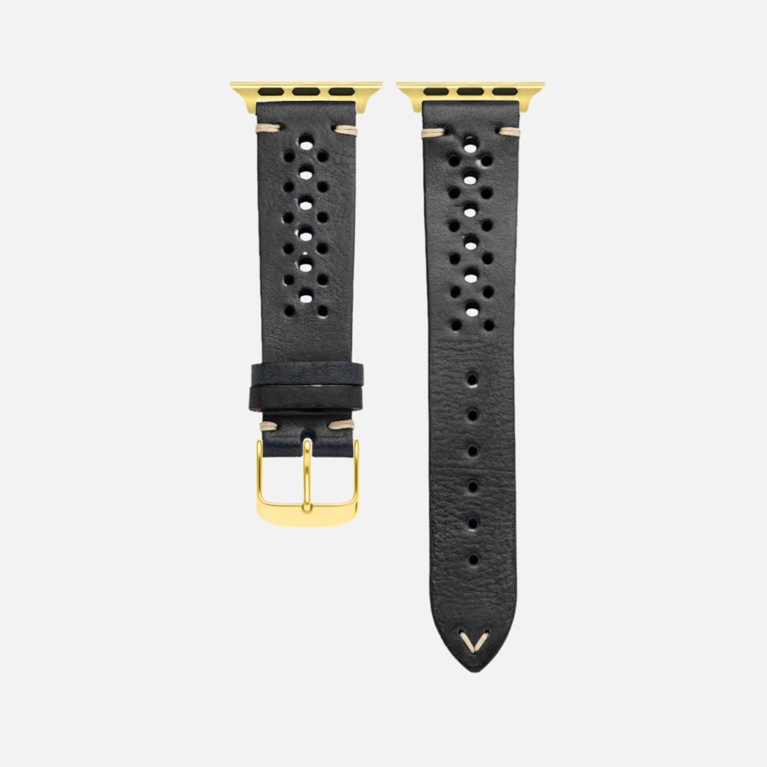 Schwarzes Rallye Lederband für Apple Watch aus toskanischem Rindleder, handgefertigt mit sportlichem Design und gewachstem Garn.