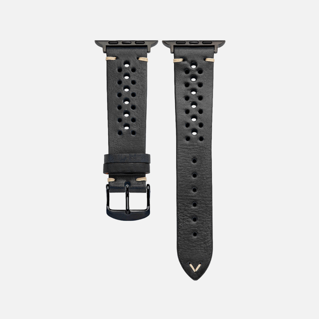 Rallye Lederband für Apple Watch in Schwarz, gefertigt aus vegetabil gegerbtem Rindleder, sportliches und elegantes Design.