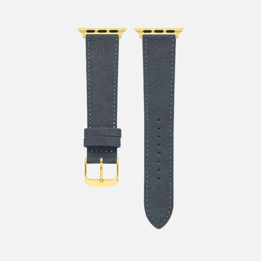 Alcantara – Apple Watch Armband in Dunkelgrau mit goldener Schnalle, elegantes Design für jeden Anlass.