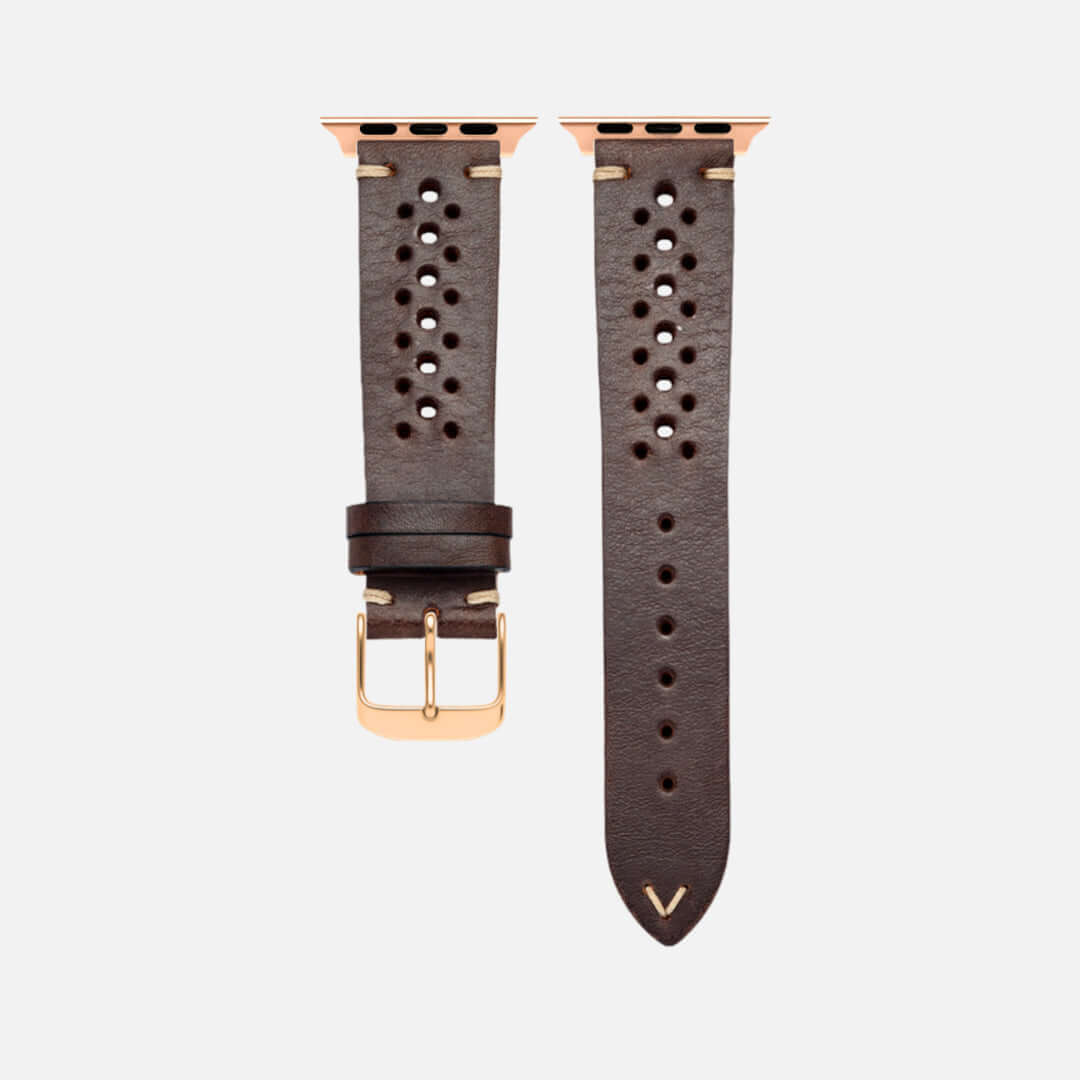 Rallye Lederband für Apple Watch Dunkelbraun, vegetabil gegerbtes Rindleder, handgefertigt in Bayern, sportliches und edles Design.