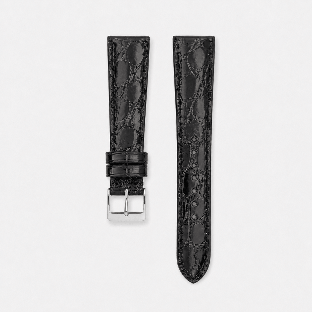 Shiny – Uhrenarmband aus glänzendem Kaimanleder in Schwarz, M (118x 75mm) mit markanter Schuppenstruktur.