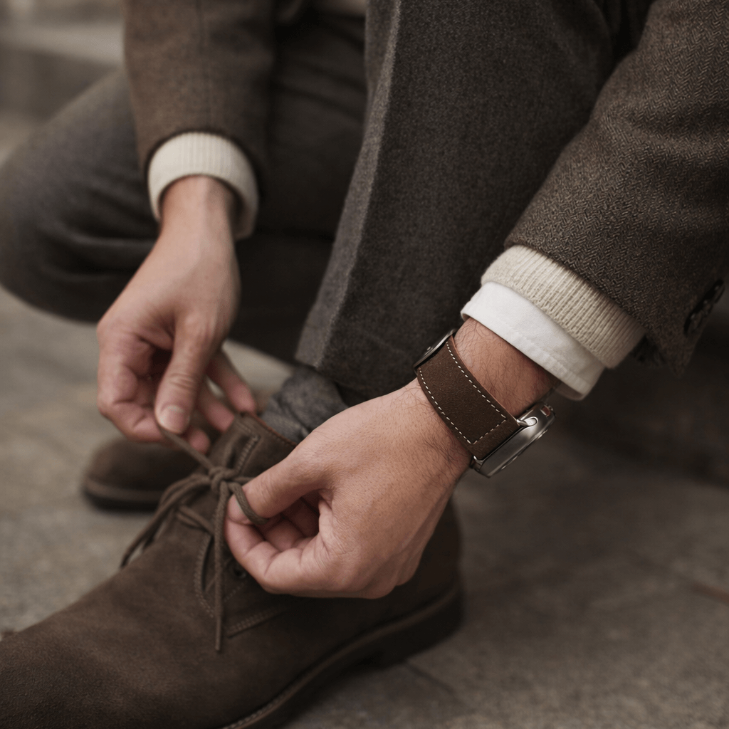 Dunkelbraunes 24mm Apple Watch Ultra Lederhosen Armband – aus altsämisch gegerbtem Hirschleder in Szene gesetzt an einem Mann, der Schuhe schnürt.