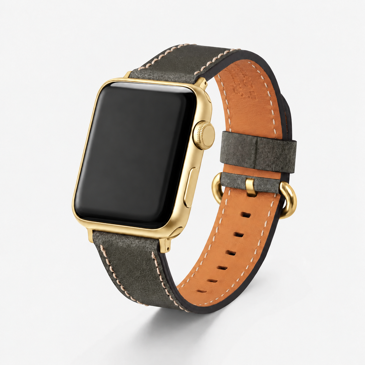 Apple Watch Lederarmband Vintage – Dunkelgrün auf goldenem Gehäuse, mit rustikaler Optik und italienischem Rindleder.