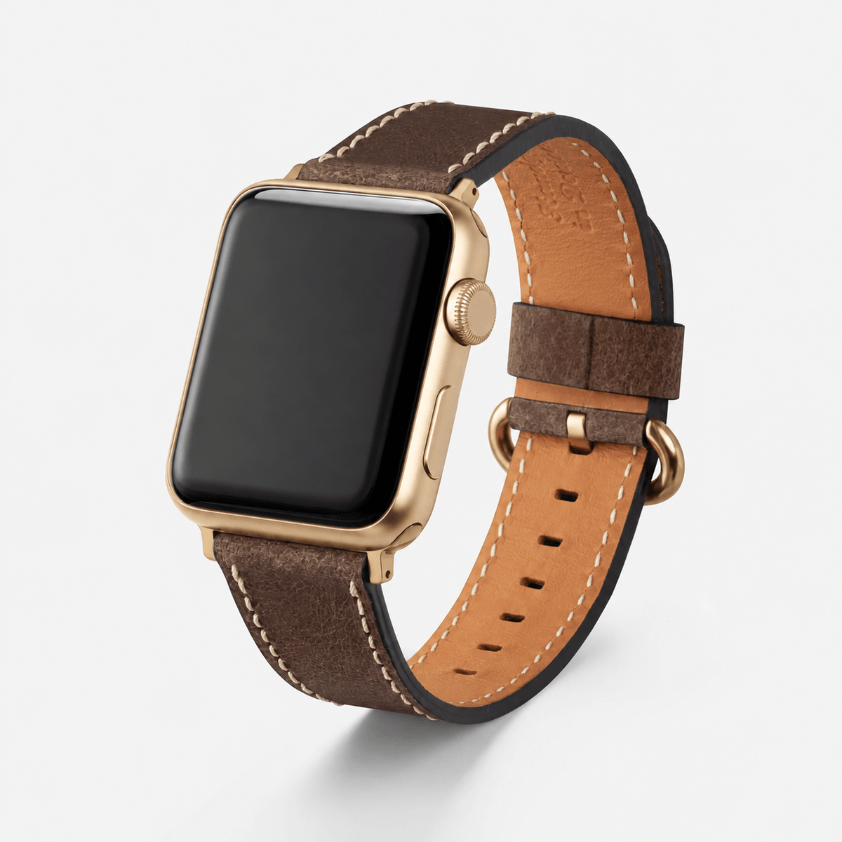 Apple Watch Lederarmband Vintage – Dunkelbraun auf einer goldenen Uhr, rustikales italienisches Rindleder.