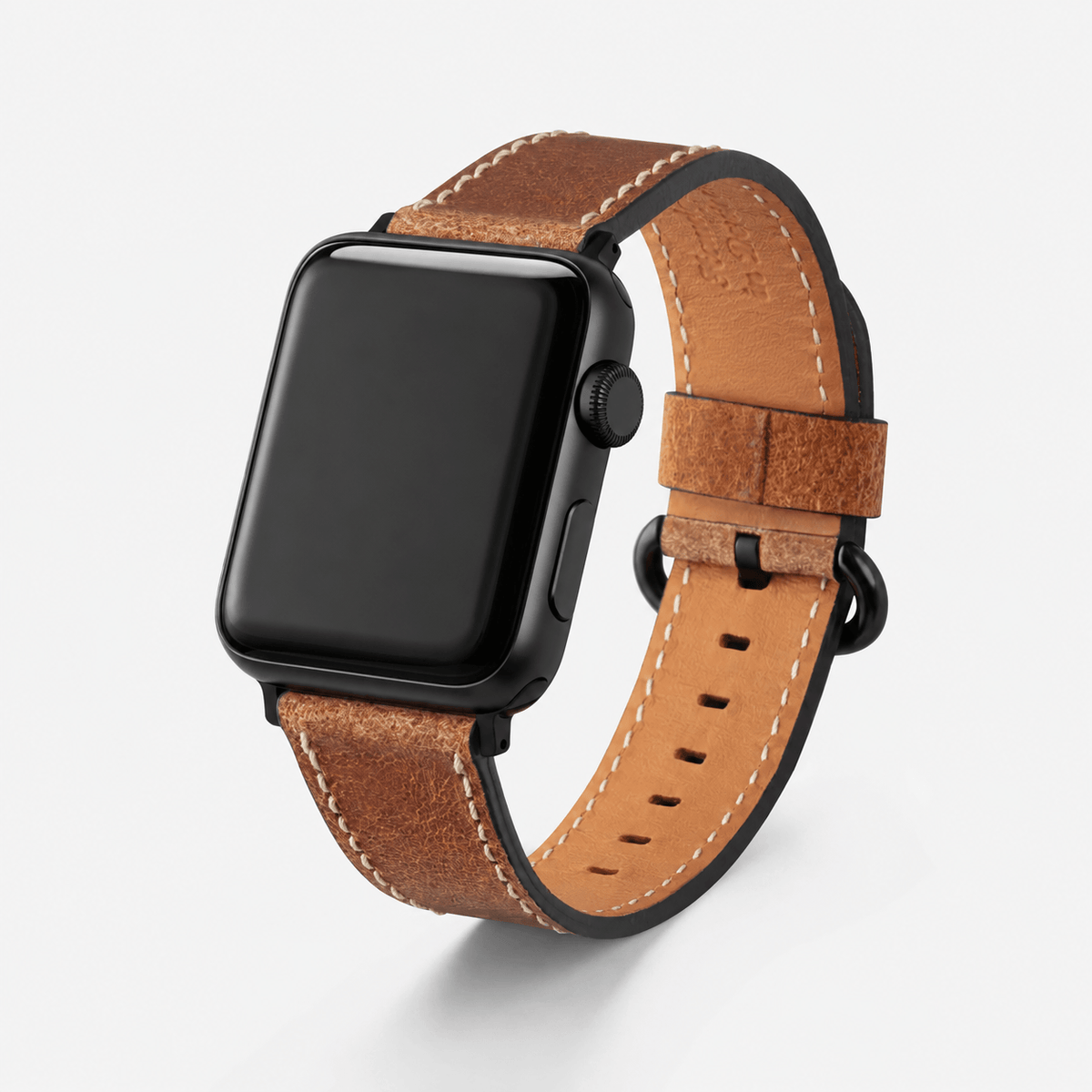 Apple Watch Lederarmband Vintage – Hellbraun an einer Smartwatch, braunes Leder mit rustikaler Optik.
