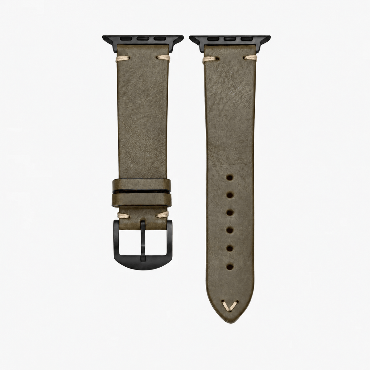 Hunter Apple Watch Armband Leder Olive in olivgrün mit schwarzer Hardware, robust und stilvoll für die Smartwatch.