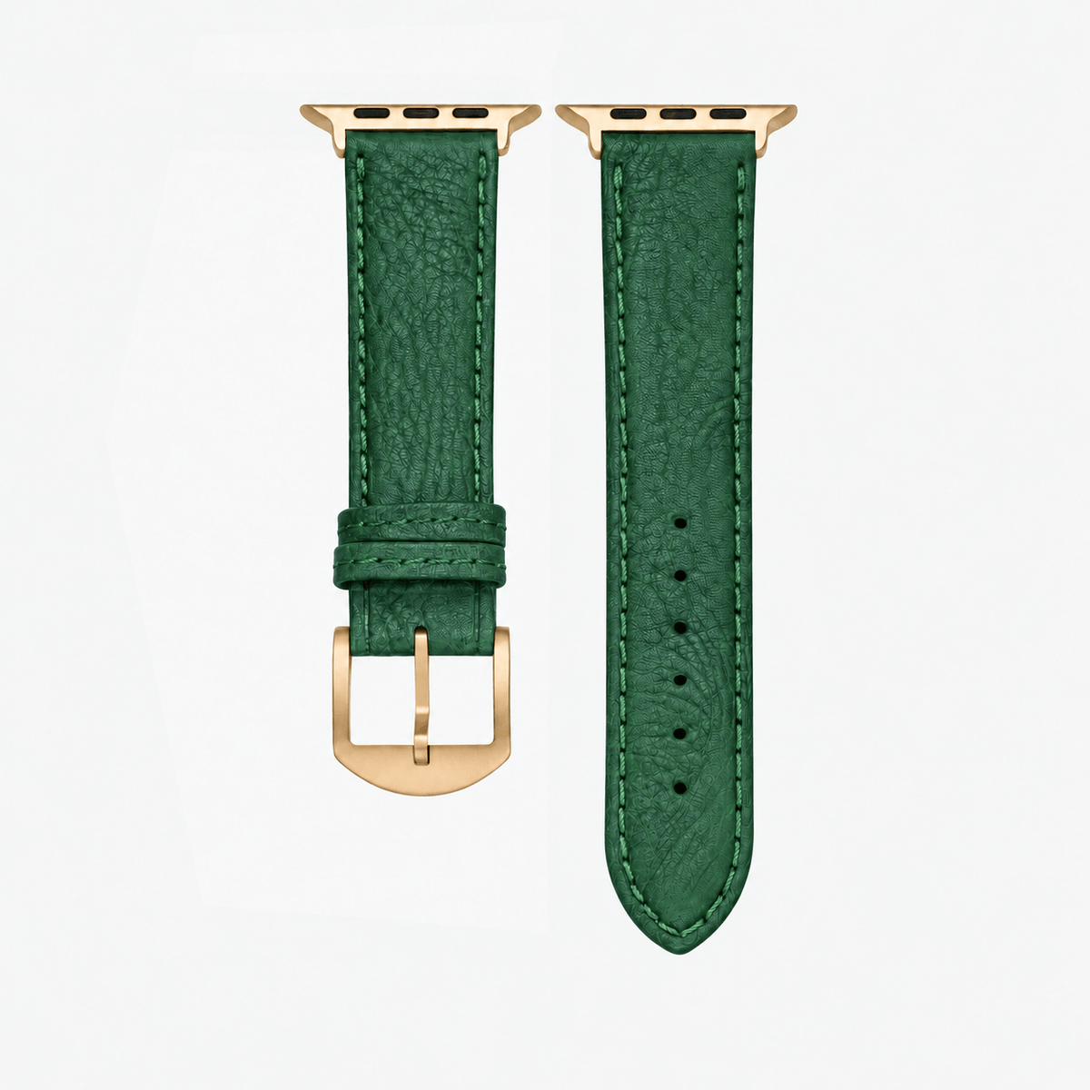 Apple Watch Stierlederarmband Torro Dunkelgrün mit goldenem Edelstahlverschluss und rustikaler Lederstruktur.