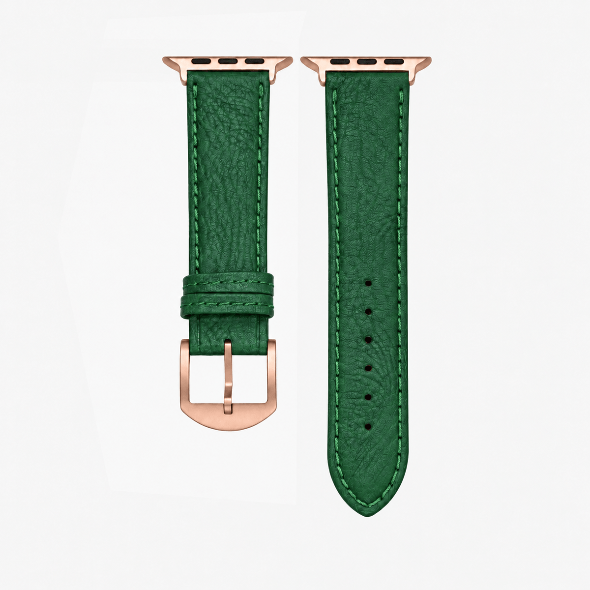 Apple Watch Stierlederarmband Torro Dunkelgrün mit rosegoldener Schnalle und rustikaler Lederstruktur.