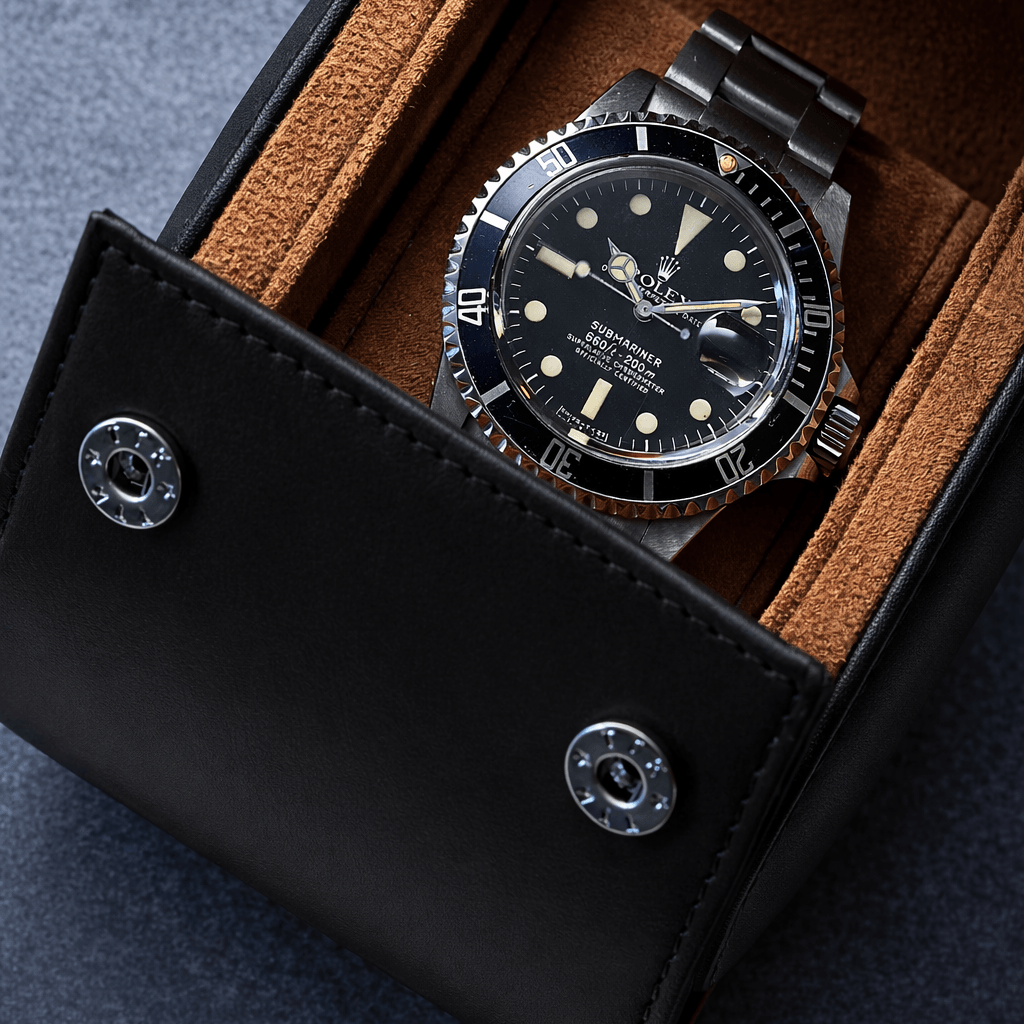Luxuriöse Uhrenrolle für eine Uhr Héritage – Feinstes französisches Barenialeder, schützt mit weichem Alcantara-Innenfutter.