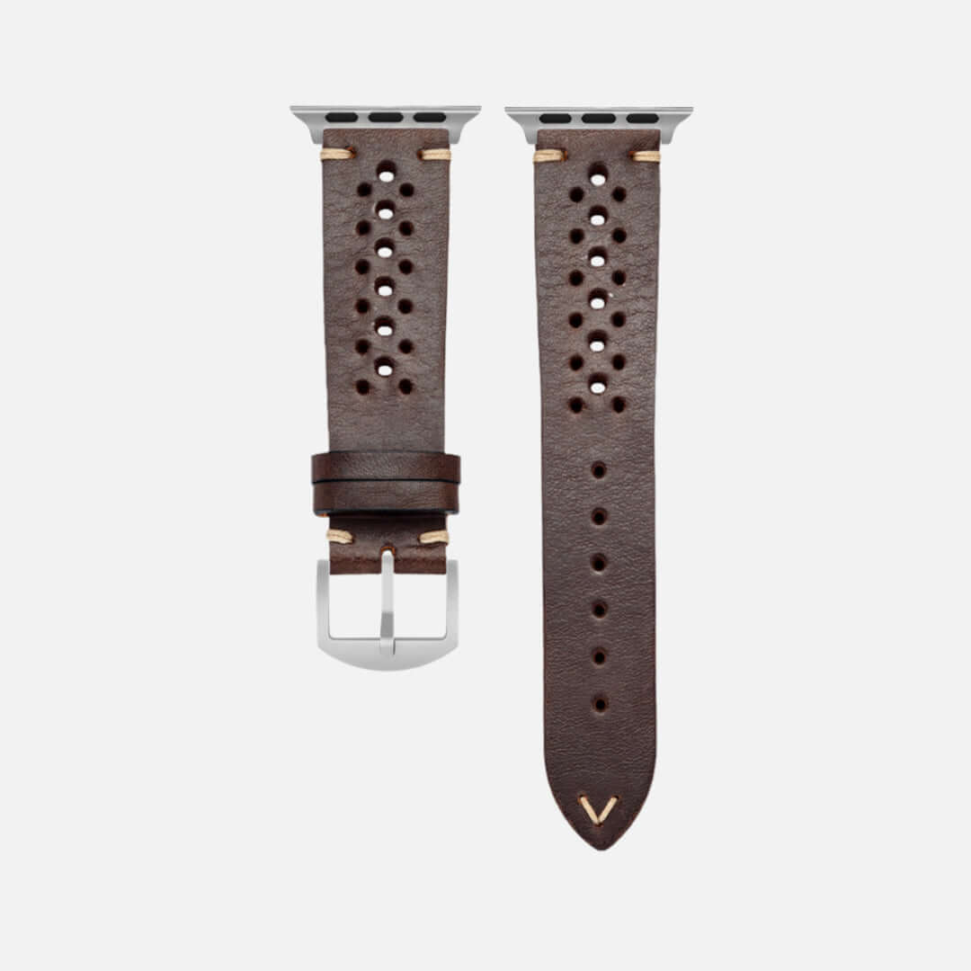 Rallye Lederband für Apple Watch Dunkelbraun, handgefertigt aus toskanischem Rindleder, umweltfreundlich und hochwertig, sportlich elegant.