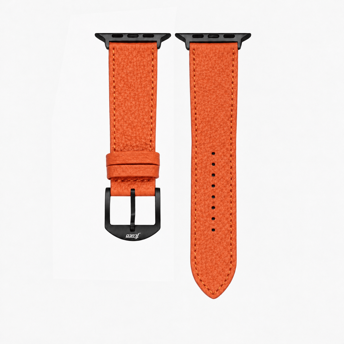 Oranges Lederarmband für Apple Watch aus Togoleder, schwarzer Hardware, luxuriöses Design.