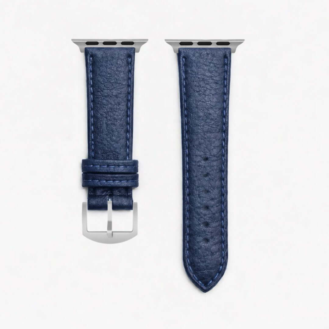 Apple Watch Stierlederarmband Torro Blau aus spanischem Stiernackenleder, handgearbeitet in Deutschland, modernes und langlebiges Design.