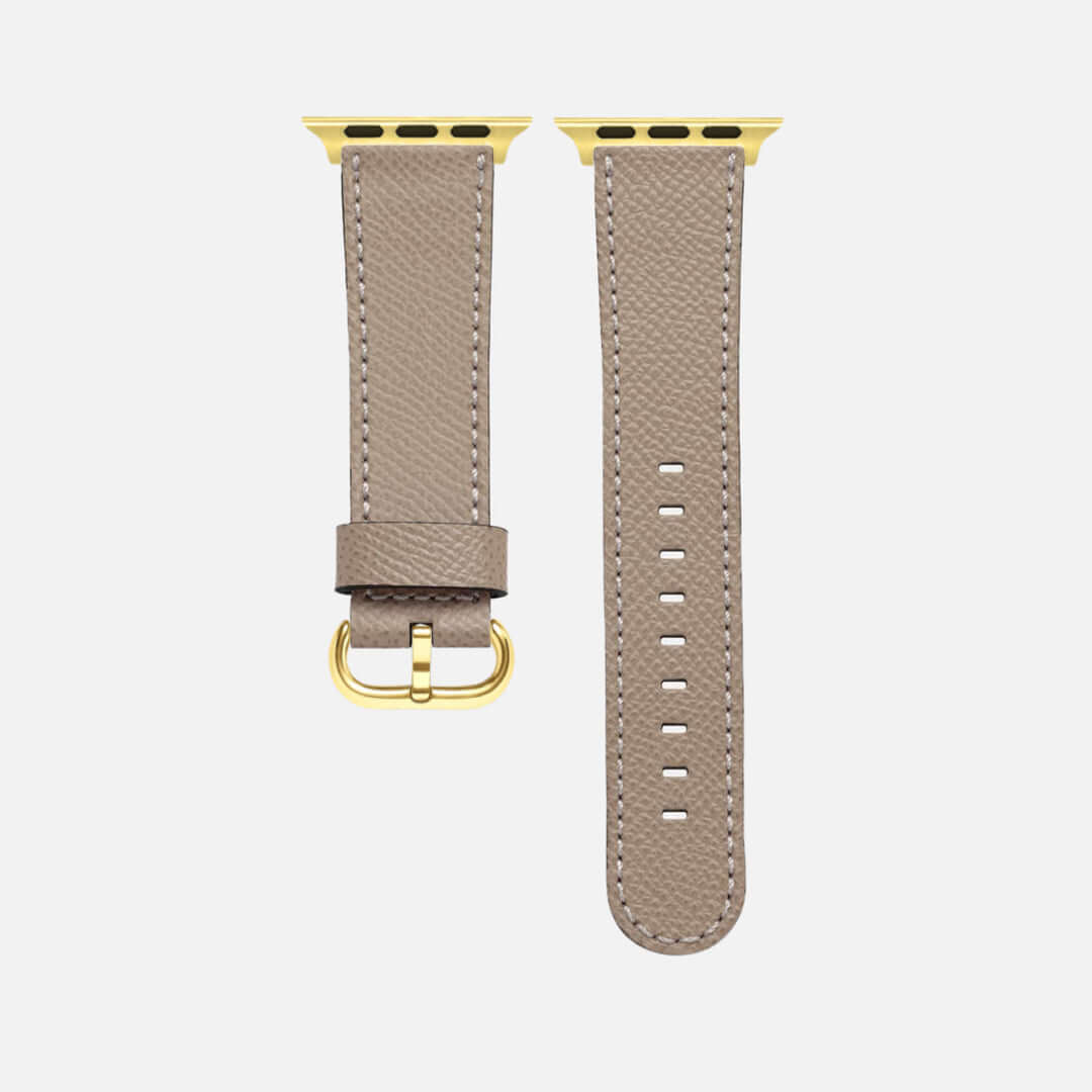 Luxuriöses Apple Watch Lederarmband Damen Cupertino Taupe aus Epsom Kalbleder mit goldener Schließe, elegant und langlebig.