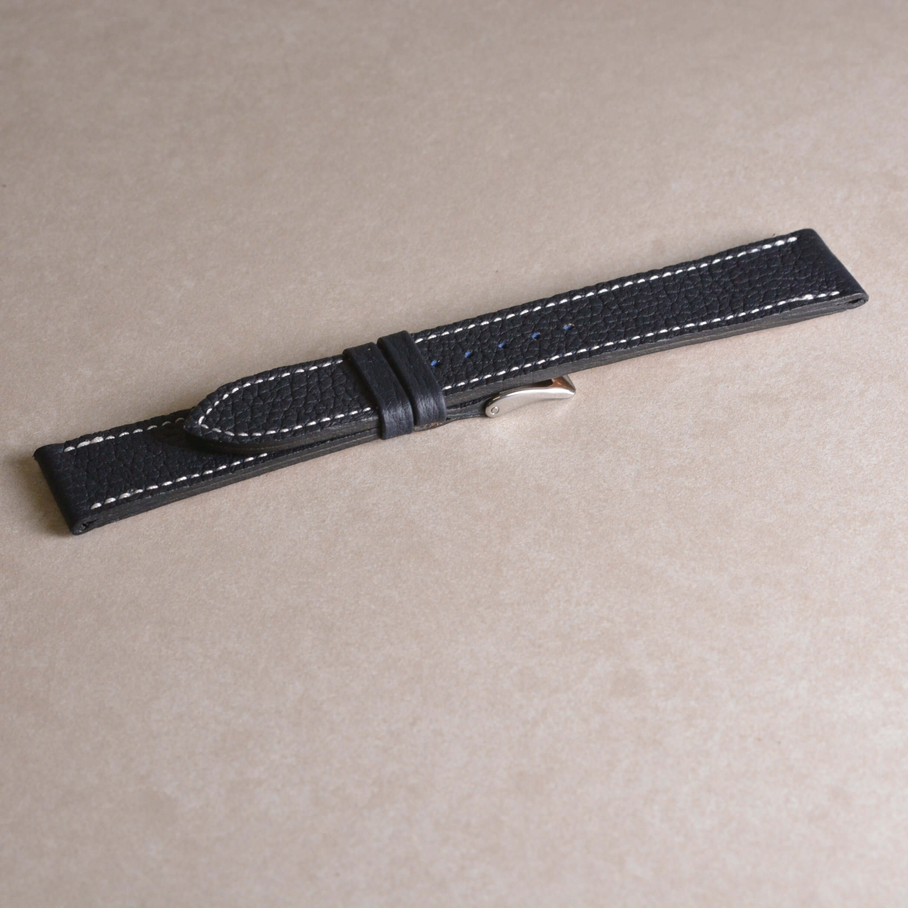 Blue 20/18 Togo leather watch strap with white stitching