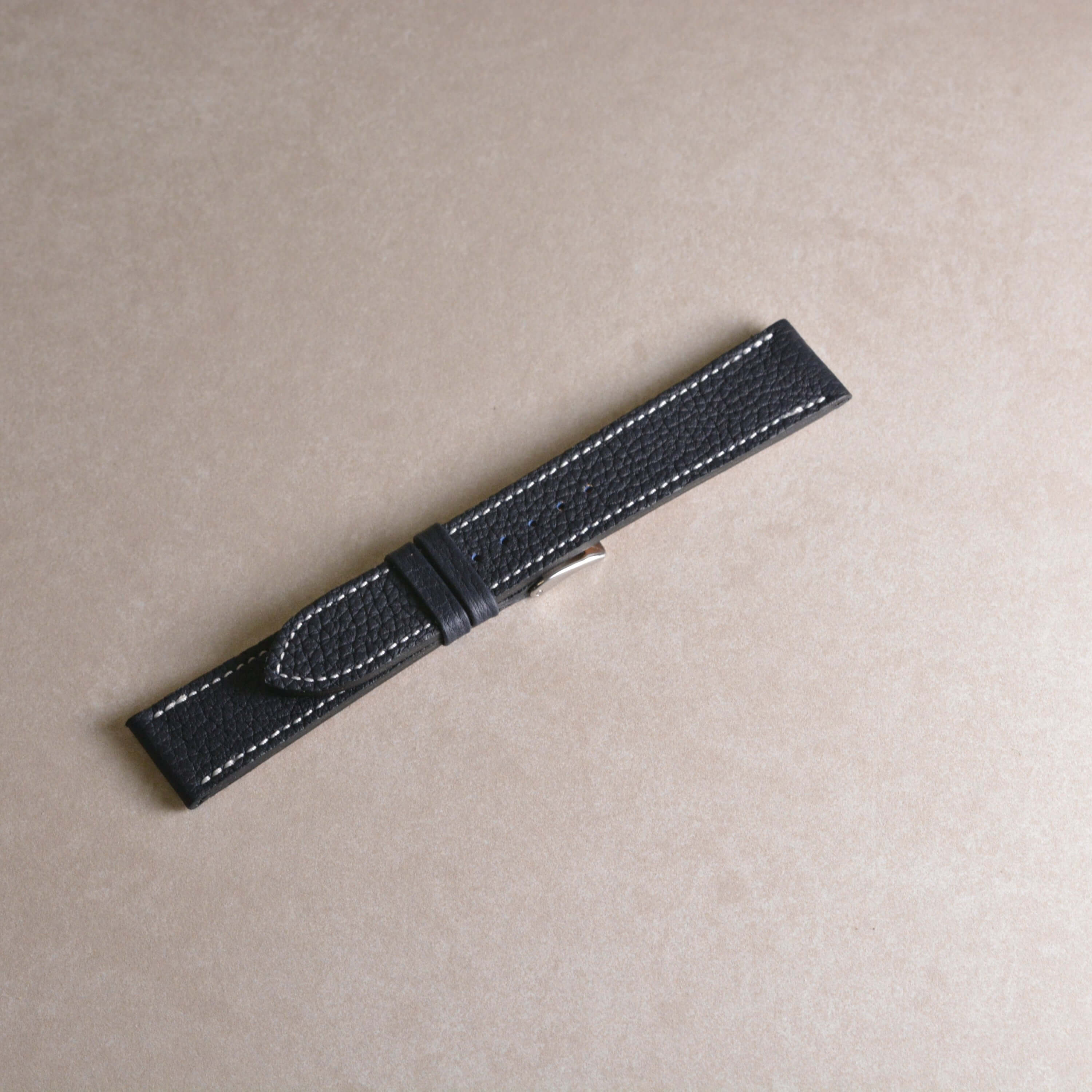 Blue 20/18 Togo leather watch strap with white stitching