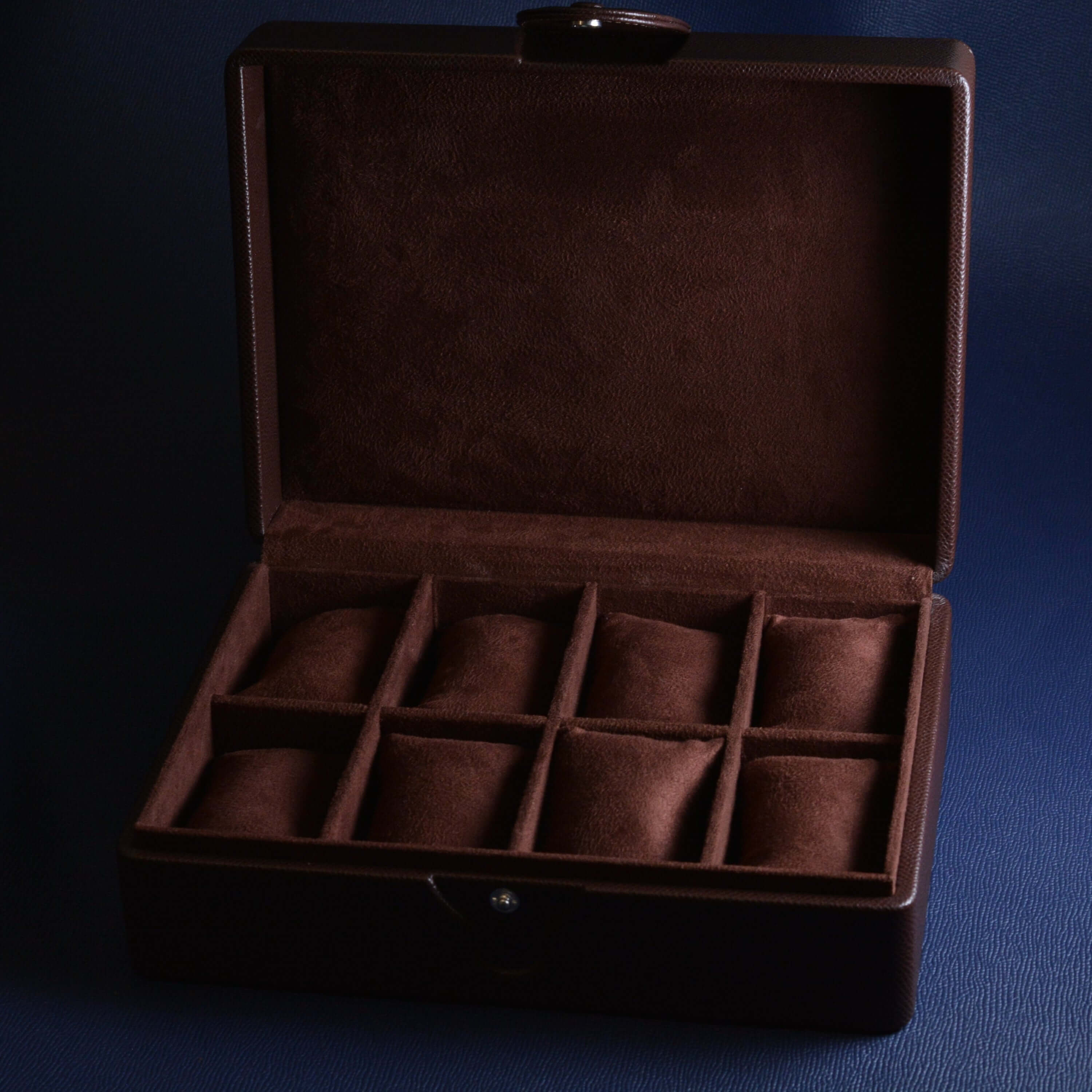 Luxurious Epsom leather watch case for 8 watches, featuring durable calf leather and elegant design for watch enthusiasts