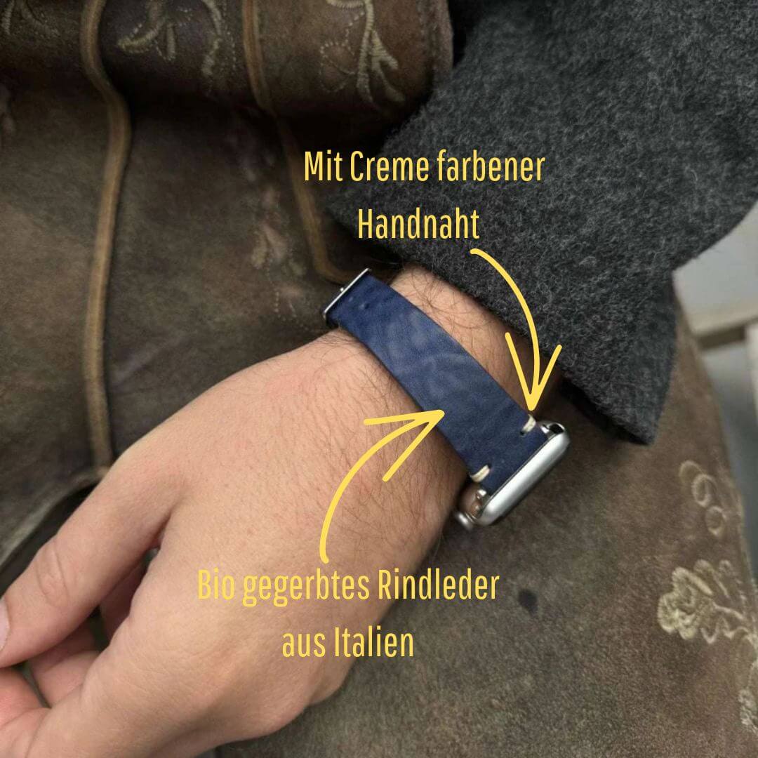Hunter Apple Watch Armband Leder Blau am Handgelenk, aus vegetabil gegerbtem Rindleder, luxuriös und qualitativ hochwertig.