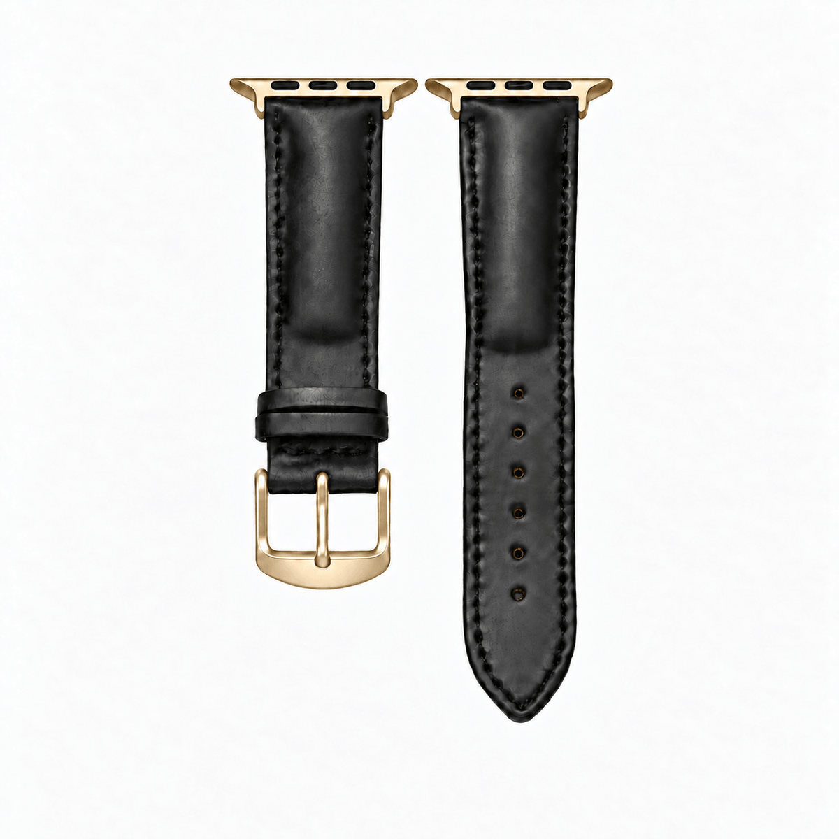 Apple Watch Armband Luxus aus Horween Shell Cordovan in Schwarz mit goldener Hardware und M/L Länge.