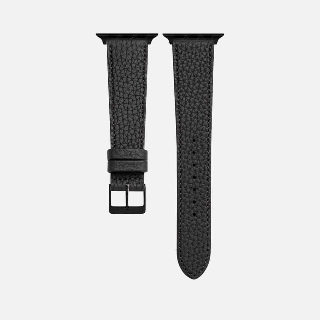 Schwarzes Lederarmband für Apple Watch aus Togoleder mit markanter Narbung aus Zermattleder von Perlinger und Haas. Hochwertiges Design.