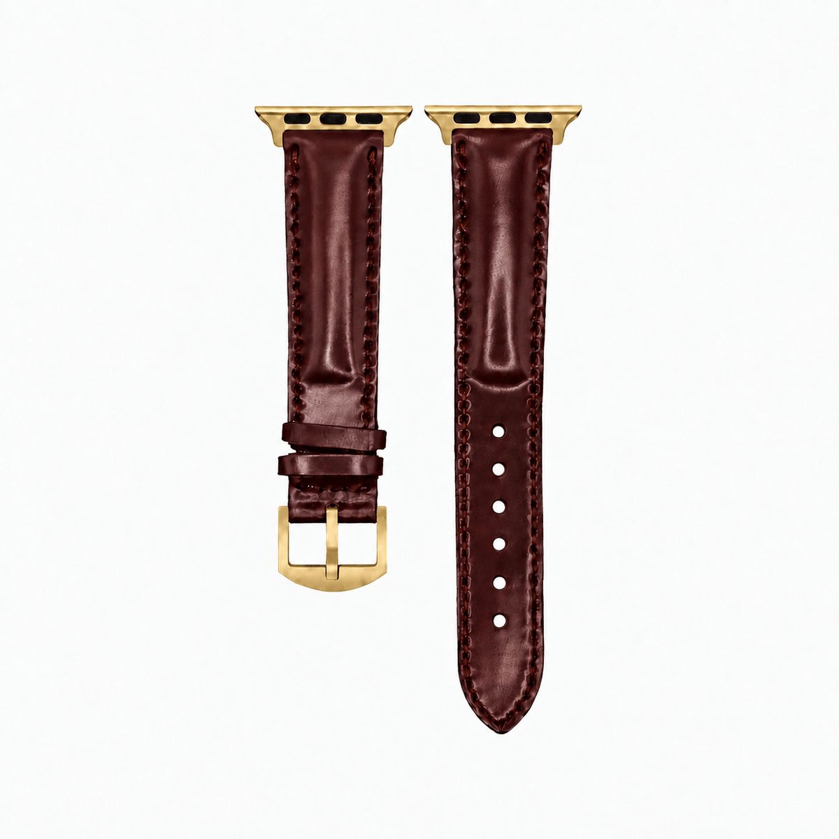 Apple Watch Armband Luxus aus Horween Shell Cordovan in Oxblood mit goldener Hardware und M-Länge.