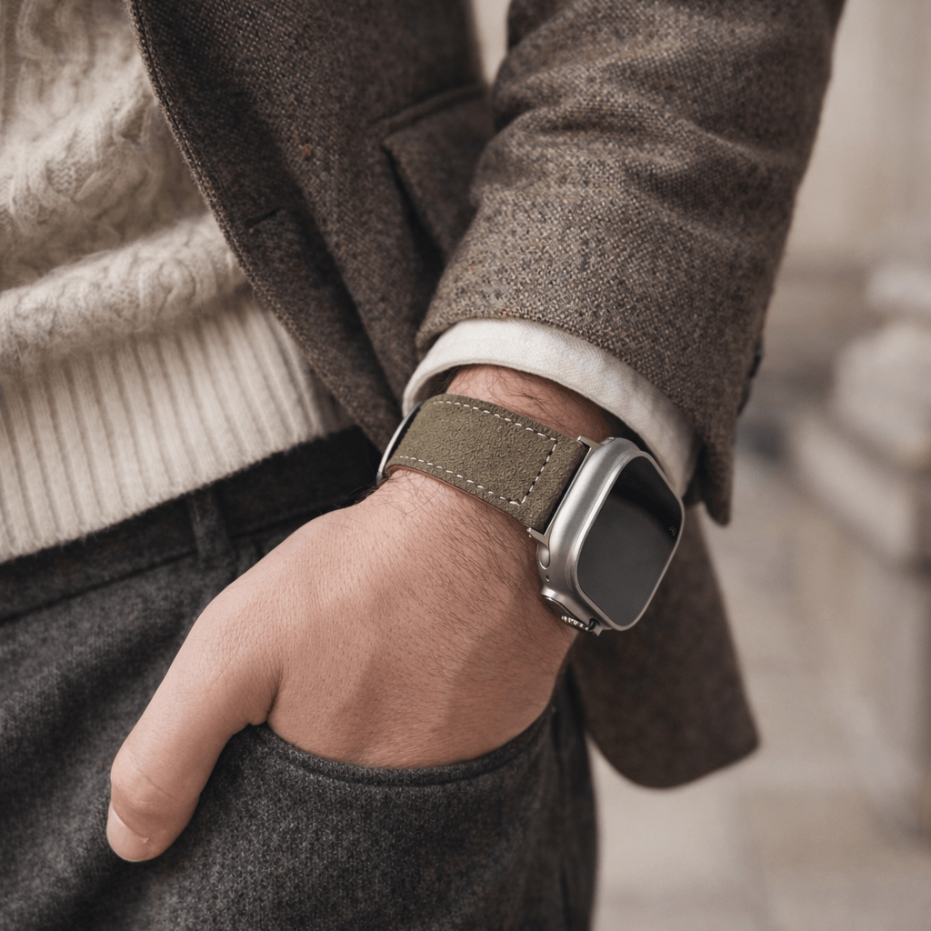 Olivebraun 24mm Apple Watch Ultra Lederhosen Armband – aus altsämisch gegerbtem Hirschleder, getragen am Handgelenk eines Mannes.