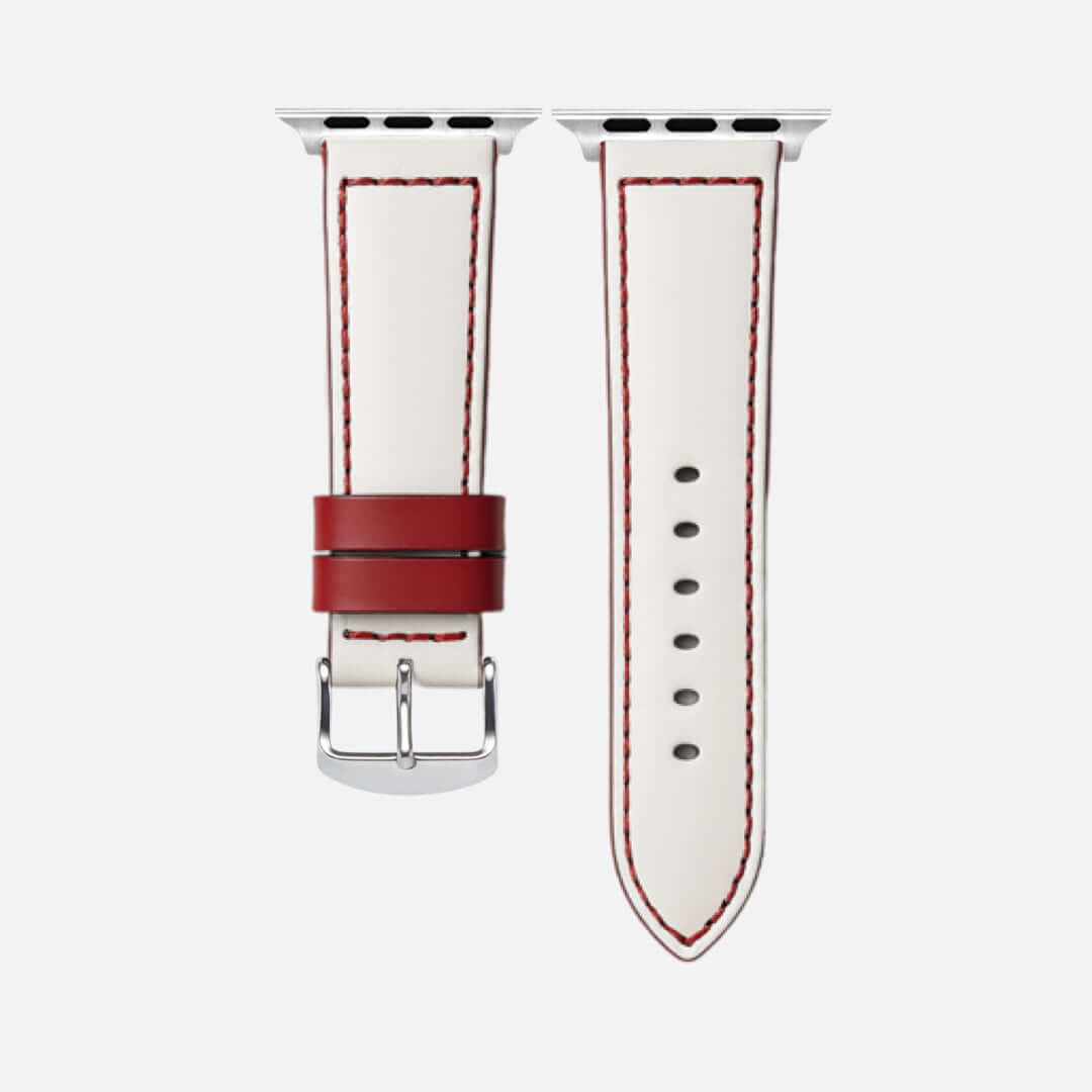 Das Sandlot – Weißes Baseball-Leder Apple Watch Band aus deutschem Kalbleder, inspiriert von Baseballs, mit roter Naht, Ansicht von oben