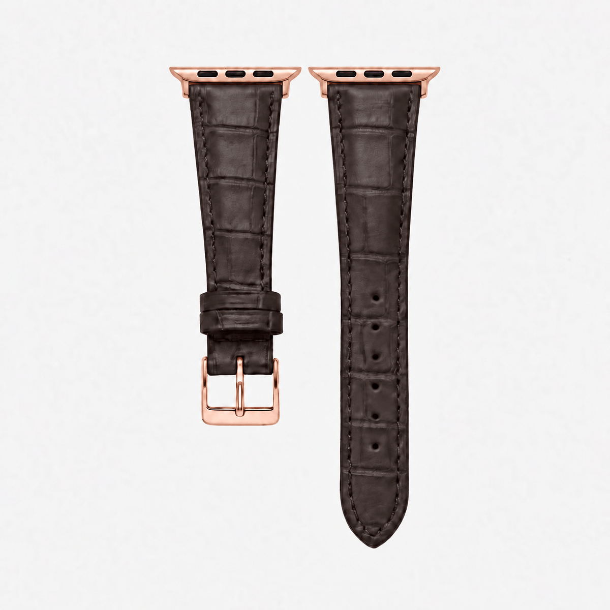 Dunkelbraunes Apple Watch Armband Louisiana Alligator Full Cut mit Roségold Hardware und charakteristischer Schuppenstruktur.