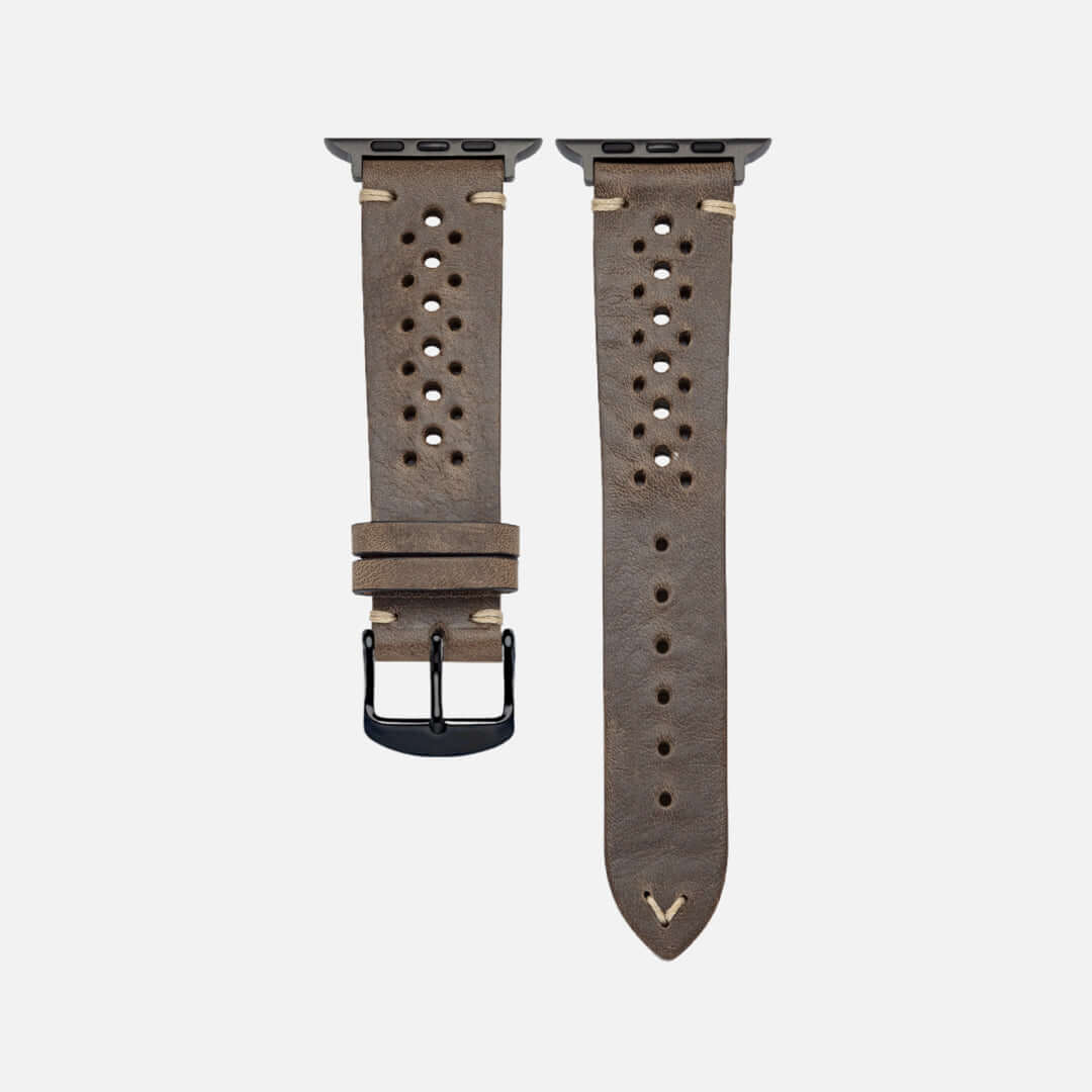 Rallye Lederband für Apple Watch – Olivgrün, handgefertigt aus vegetabil gegerbtem Rindleder, edles Design aus der Toskana.